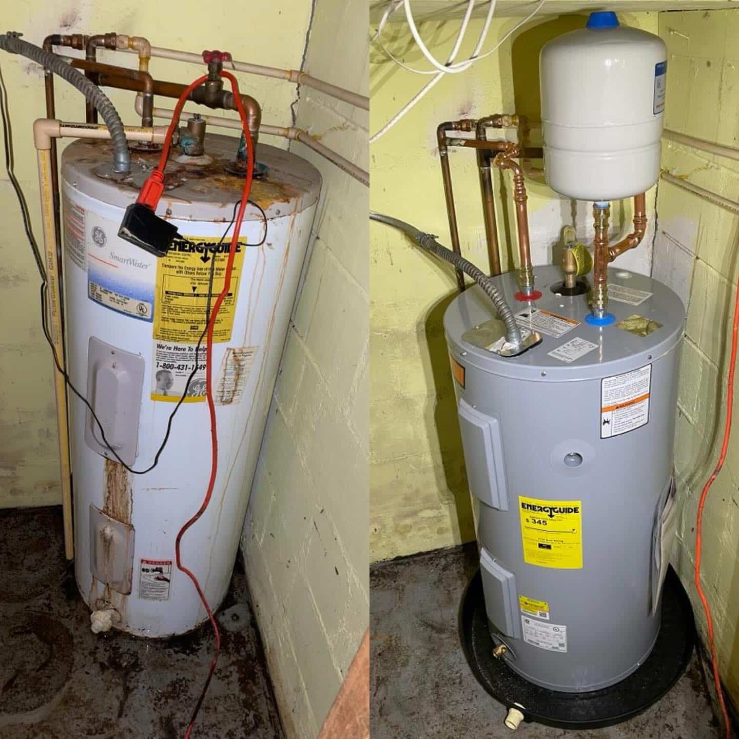 old leaking water heater next to new installed water heater